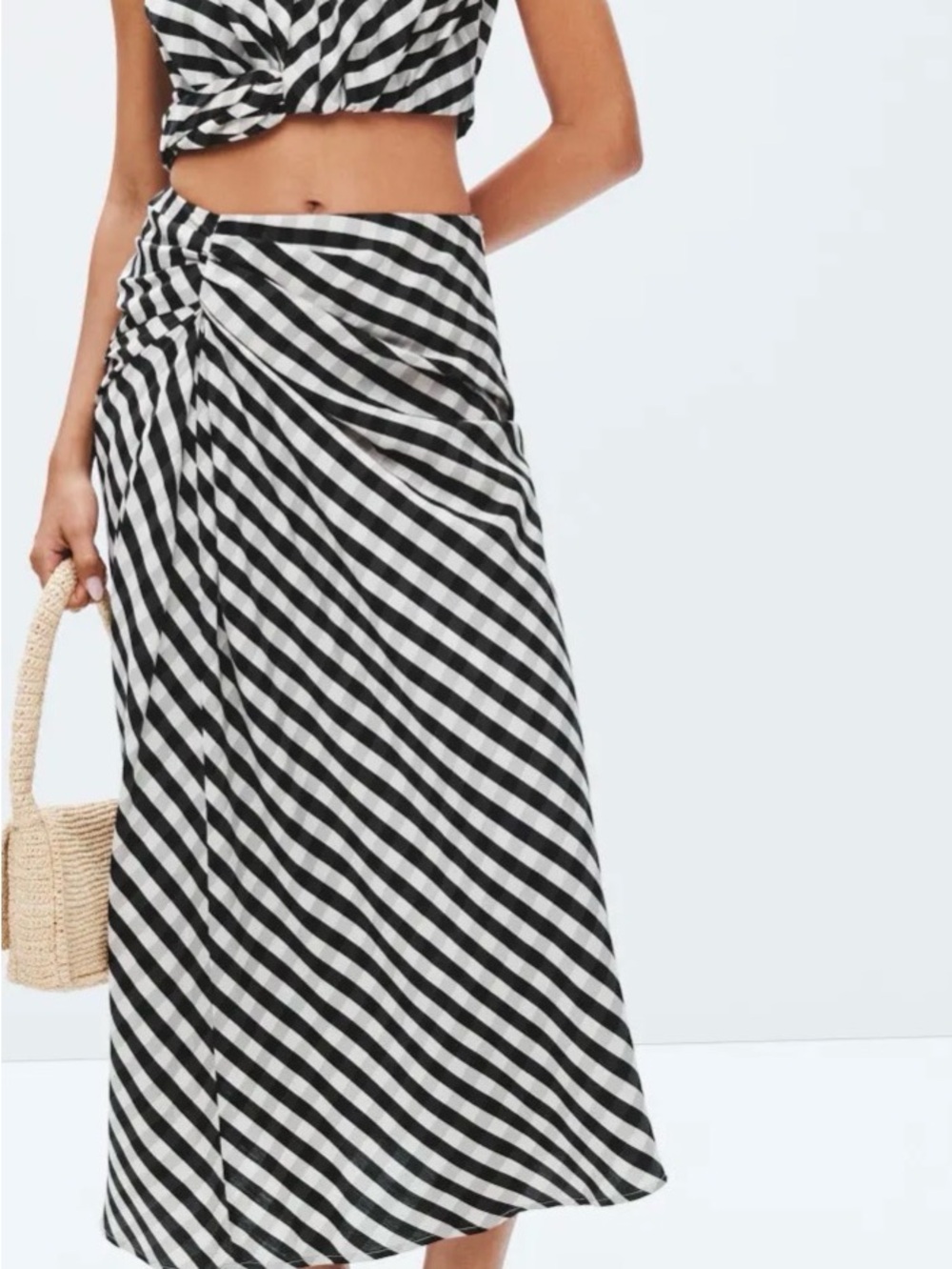 A.L.C. Black and White Diagonal Stripe Midi Wrap Skirt MSRP:$400